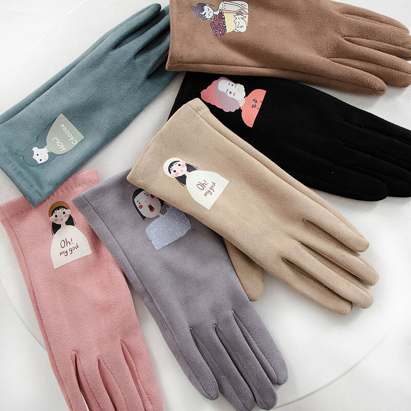 Cartoon Printing Turn Fingerless Touch Screen Gloves Youth Student Girl Winte Cycling Warm Hands Female Full Finger Cute Mittens