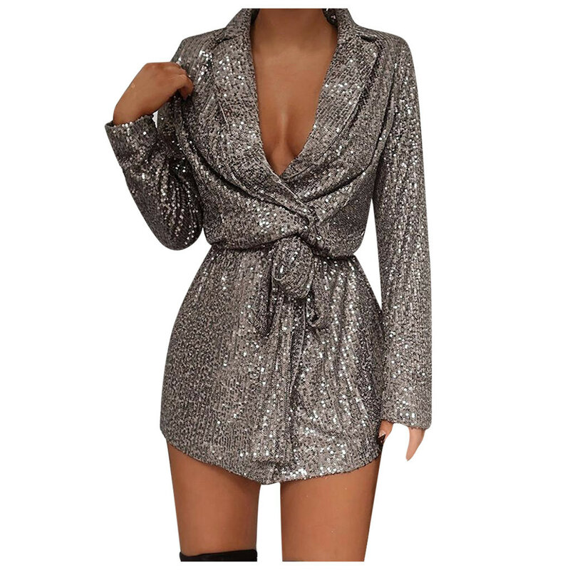 Dress For Women Glitter Sparkly Sequin Long Sleeve Deep V Neck Pure Color Mini Dresses With Belt Cocktail Party Evening Dress