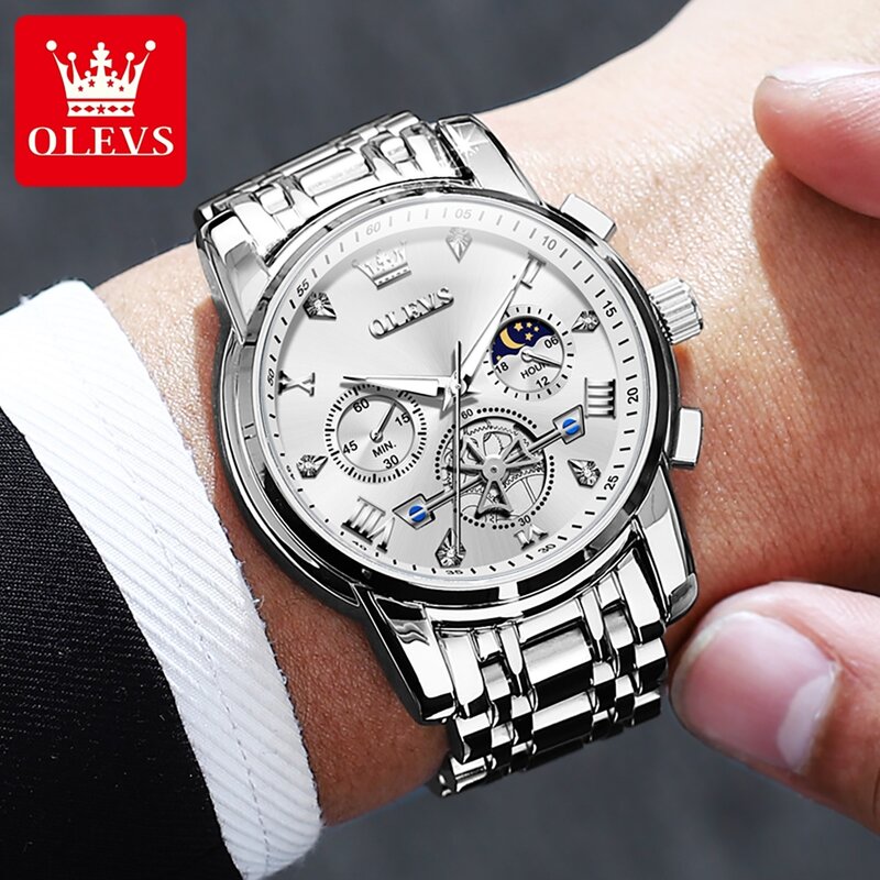 OLEVS นาฬิกาผู้ชายแบรนด์หรูของแท้สายสแตนเลสนาฬิกาควอตซ์เฟสของดวงจันทร์นาฬิกาข้อมือผู้ชายโครโนกราฟกันน้ำ