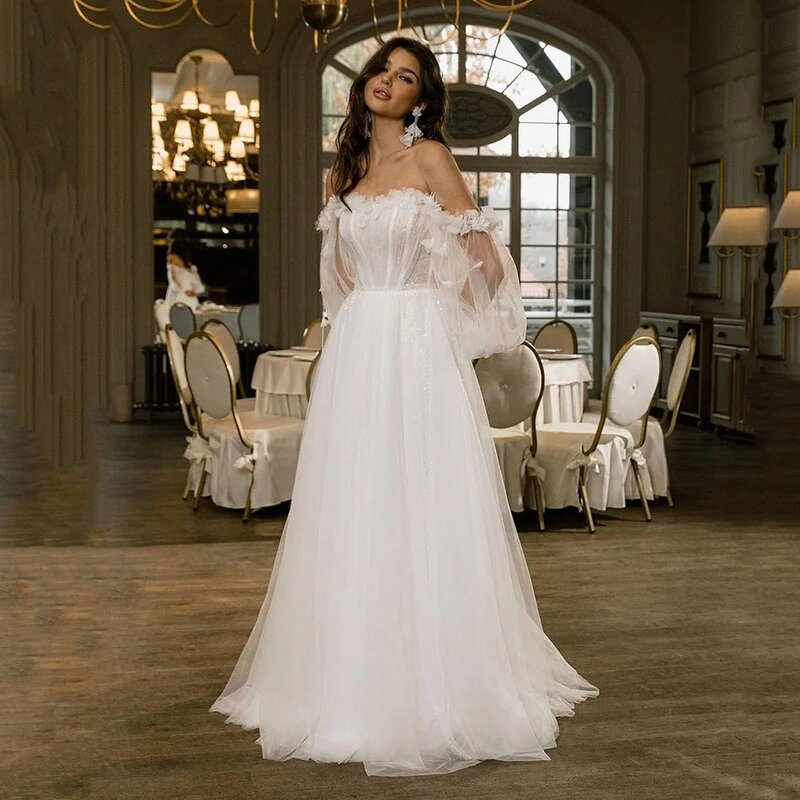 Klasyczne proste suknie ślubne 2024 dla kobiet tiulowe suknie ślubne koronkowe aplikacje Vintage szaty eleganckie Vestidos De Novia