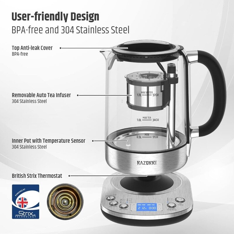 Razorri Electric Tea Maker 1.7L con infusore automatico per la preparazione del tè, bollitore in vetro in acciaio inossidabile