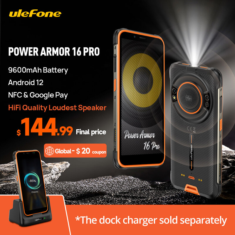 هاتف Ulefone Power Armor 16 Pro 9600mAh هاتف ذكي مقاوم للماء متين 64G ROM أندرويد 12 NFC هاتف قوي 2.4G/5G واي فاي الإصدار العالمي