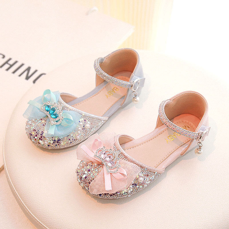 Girls Performance Shoes Bling Ankle Strap Sandals Crown Princess Shoes Bow Rhinestone Dance Flats Kids Leather Shoes Summer 257R