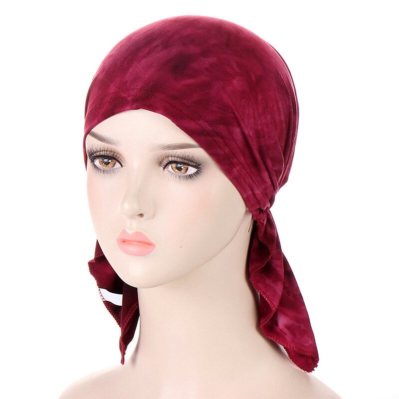 Women Tie Dye Stretch Chemo Inner Caps Cancer Hijab Hair Loss Hat Beanies Muslim Headwear Wrap Under Scarf Cover Bandana Turban