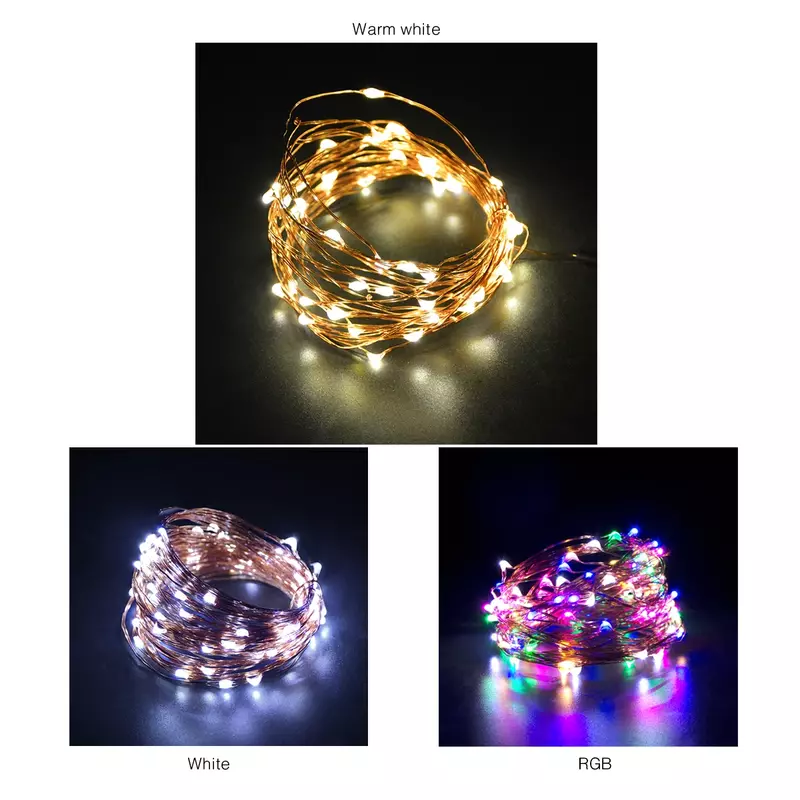 Guirnalda de luces LED USB, alambre de cobre, luces de hadas impermeables, decoración de fiesta, Navidad, boda, 5m, 50LED, 10m, 100LED