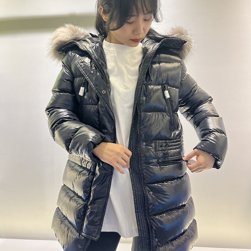 CCB 2022 WINTER SOLID BLACK LONG WHITE GOOSE COATS WITH HAT