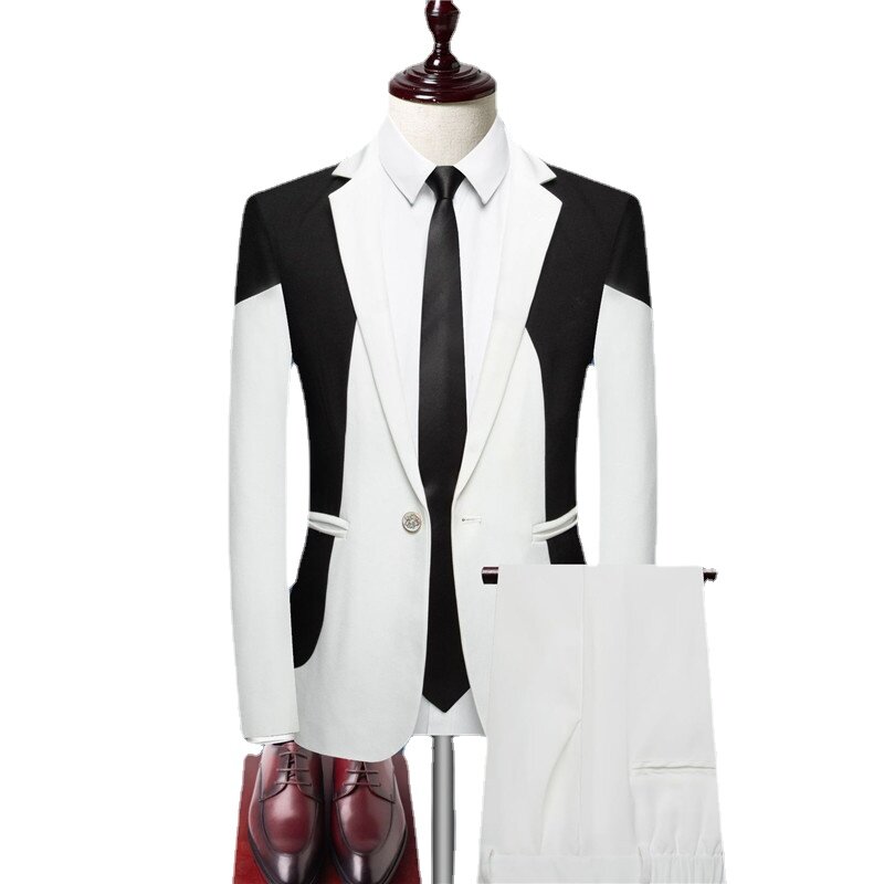 Moda splice terno 2 peça preto branco júnior dos homens de negócios casamento formatura festa social vestido conjunto masculino fino ajuste blazers e calças