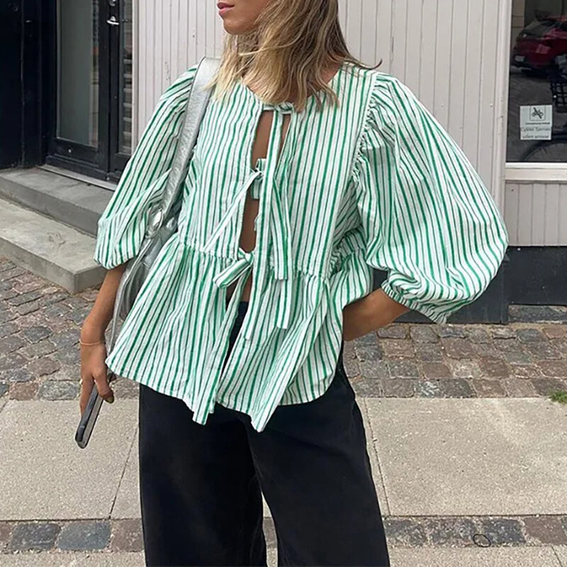 Short Puff Sleeve Summer Tops For Women Round Neck Casual Lace Up Bow Crop Tops 2024 Ladies Chic Shirts Blouses Streetwear