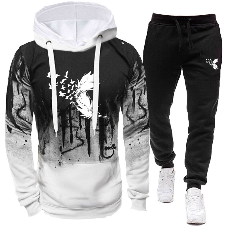 Hoodie salpicado masculino e conjunto de calças compridas, jogging sportswear, nova moda, 2 peças