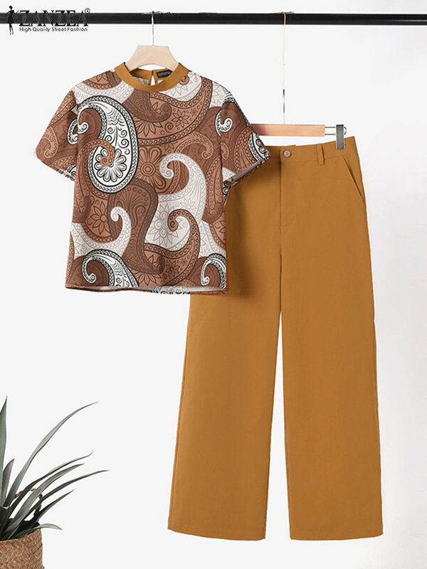 ZANZEA-Conjunto de pantalón informal para mujer, Blusa de manga corta con estampado Vintage, traje de trabajo a juego, 2 piezas, Verano