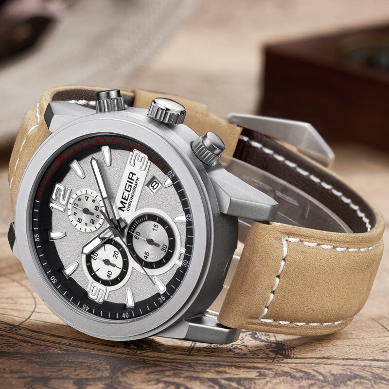MEGIR-Montre de sport en cuir étanche pour homme, chronographe, date, horloge, marque supérieure, luxe, mode, nouveau