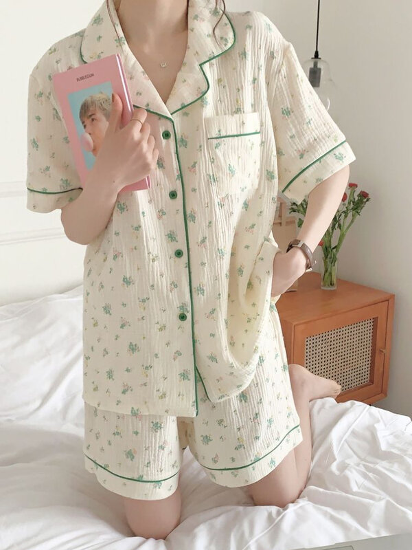 Pyjama Sets Vrouwen Mode Eenvoudig Ontwerp Vrijetijdskleding Tedere Losse Studenten Dagelijks Zoete Turn-Down Kraag Koreaanse Stijl Zomer