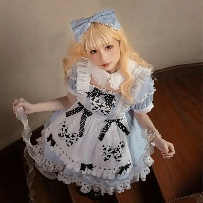 Damska Plus Size sukienka Lolita dla pokojówki Cute Cosplay sukienka Lolita Vintage kokardka damskie stroje dziewczęce sukienka FairyRuffles