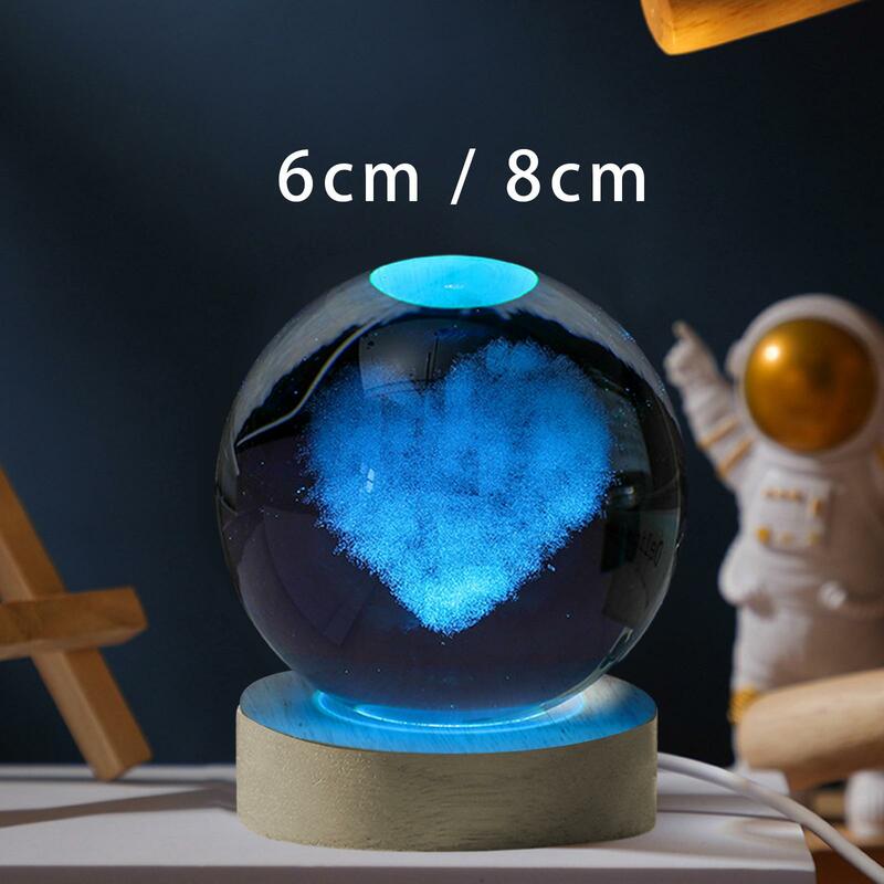 Lámpara de mesita de noche con bola de cristal, luz nocturna con patrón de corazón, enchufe USB, esfera de cristal