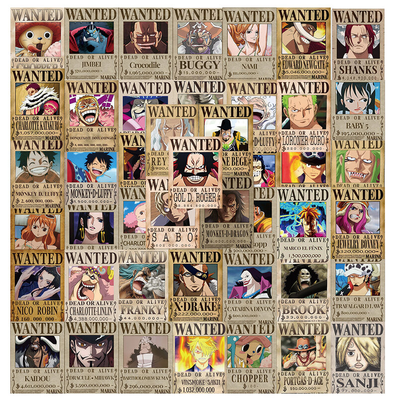 Anime dos desenhos animados One Piece Wanted cartazes adesivos, decalque impermeável, laptop, skate, caderno, mala, brinquedo do miúdo, 10 pcs, 30 pcs, 50pcs