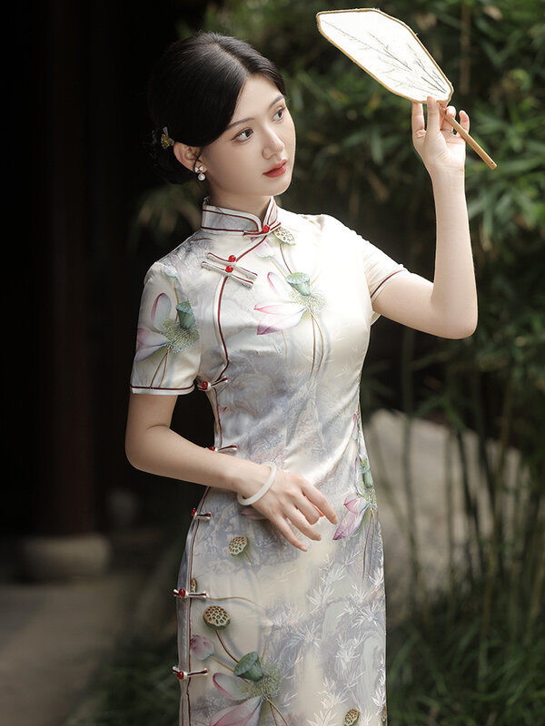 Cheongsam-vestido ajustado de rayón para mujer, ropa de manga corta con estampado de mezcla, estilo chino tradicional, verano, 2024