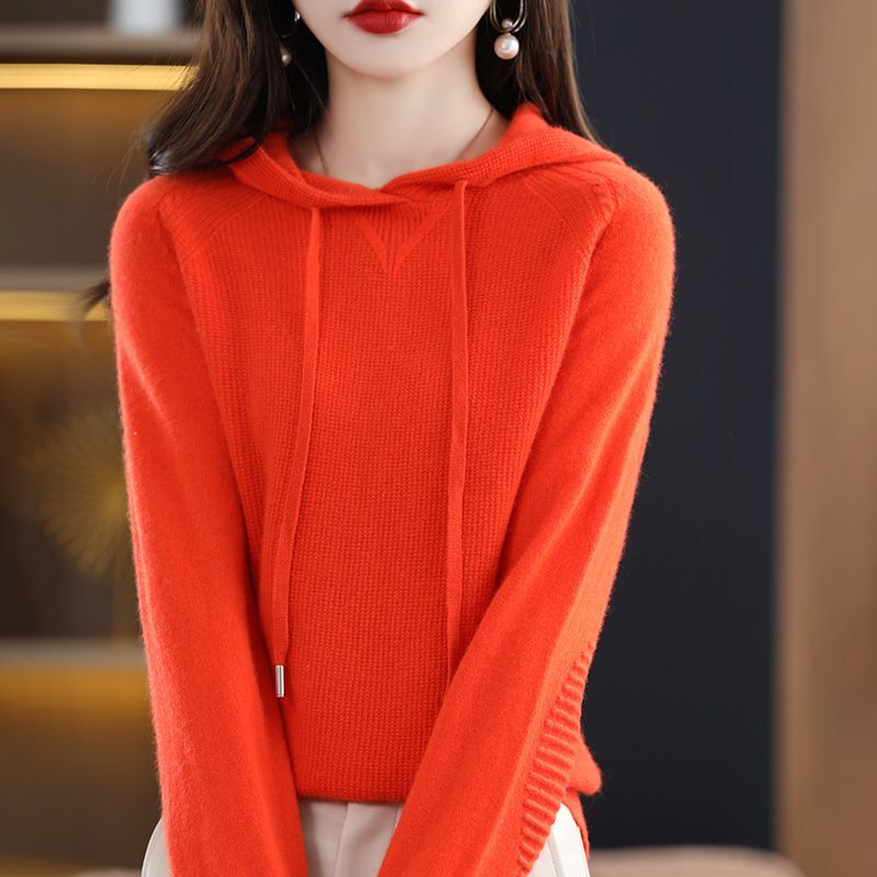 Autumn Winter Female Clothing Solid Color Pullovers Long Sleeve Sweaters Hooded Sweatshirts Knitted Jumpers Loose Office Lady
