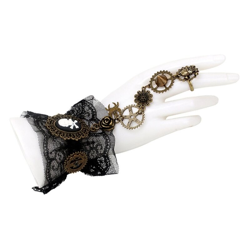 Steampunk Fingerless Lace ถุงมือ สำหรับผู้หญิงเกียร์สายรัดข้อมือ Party สร้อยข้อมือตาข่าย
