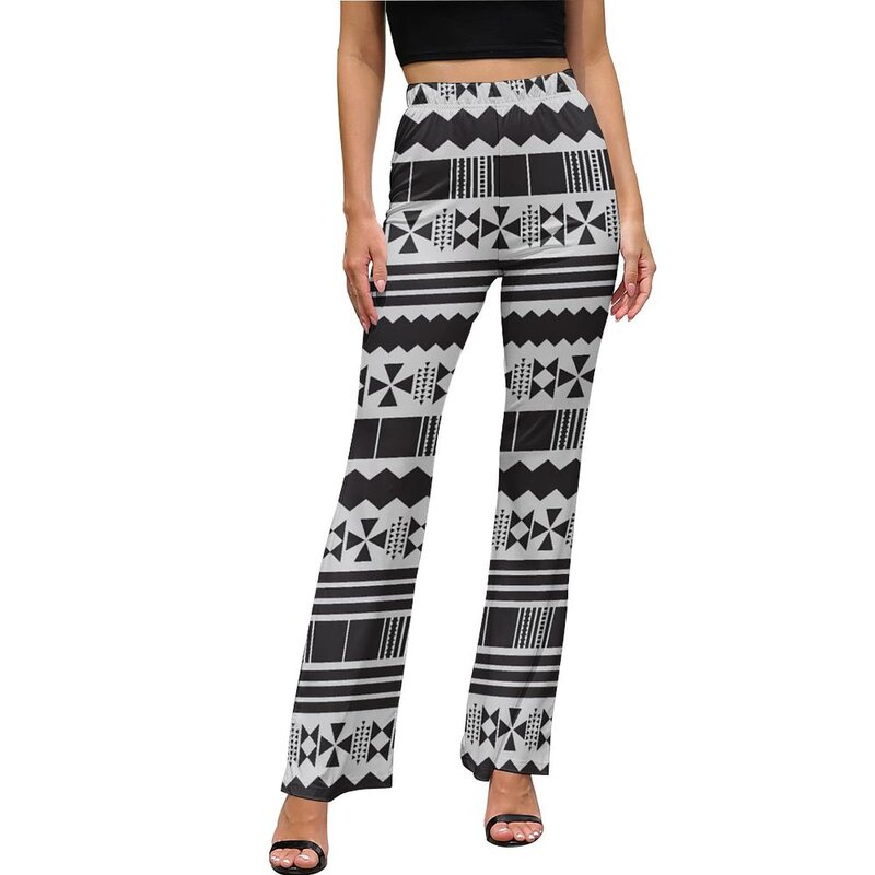 Pantalones casuales aztecas étnicos abstractos para mujer, ropa de calle delgada en blanco y negro, pantalones acampanados diarios, pantalones de diseño Kawaii