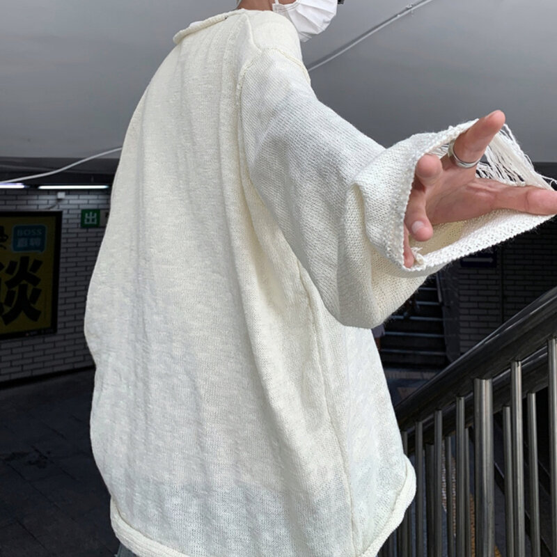 V-Ausschnitt Pullover für Männer Kleidung gestrickt Harajuku American Fashion Hip Hop Loch solide Langarm Pullover Pullover