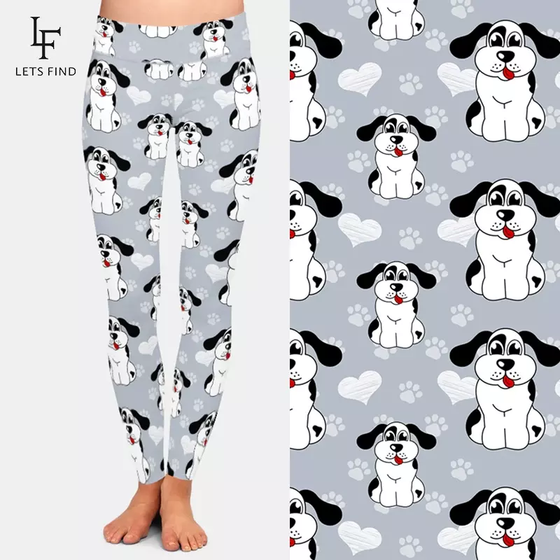 Letsfind calças elásticas femininas de cintura alta 3d dos desenhos animados cães e cachorro pata leite impressão seda leggings casuais