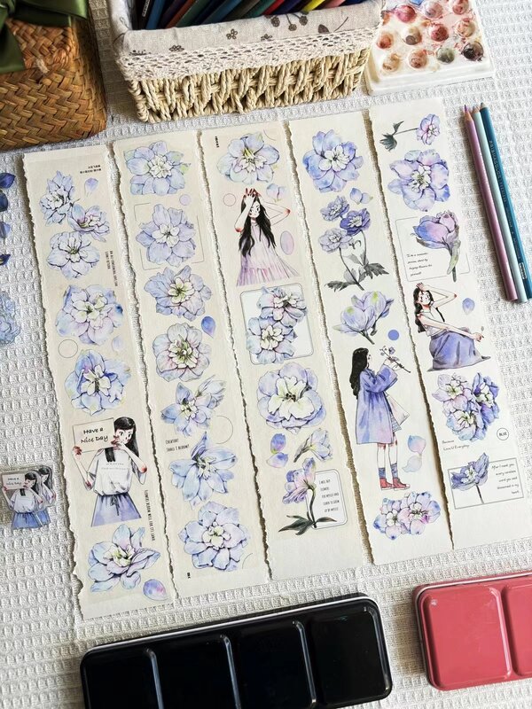 Vintage Big Larkspur Floral Girl Washi PET Tape for Card Making Decoration DIY Scrapbooking Plan Stickers