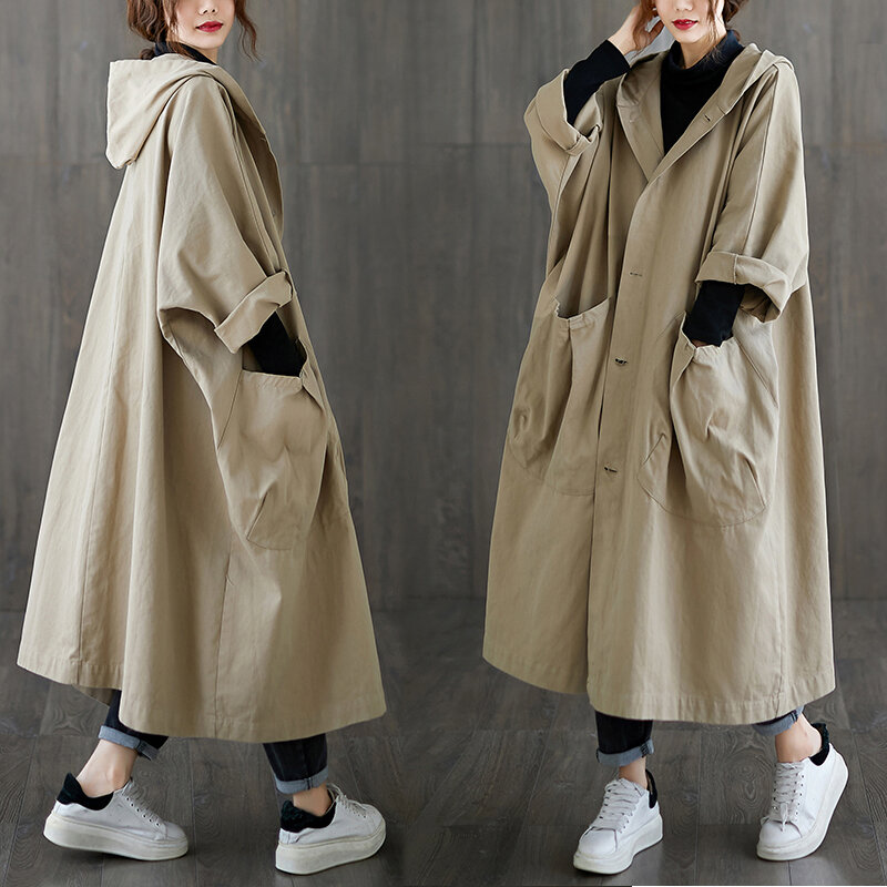 Tannt Mantel Hujan Wanita Mantel Hujan Longgar Panjang Kasual Bertudung Mode Hitam Khaki Jaket Tahan Angin Warna Solid untuk Wanita 2023 Baru