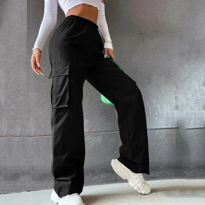 Vrouwen Zakken Casual Broek Fashion Solid Overalls Mid Taille Elastische Taille Losse Cargo Broek Streetwear Hoge Kwaliteit Broek