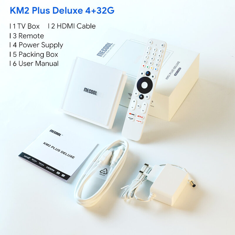MECOOL KM2 플러스 디럭스 안드로이드 TV 박스, 넷플릭스 4K 인증, 돌비 애트모스, 돌비 비전 4 + 32G, 와이파이 6, 1000M LAN 포트 미디어 플레이어