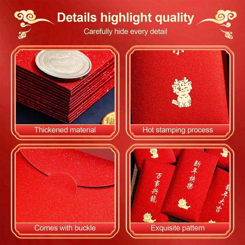 6ชิ้นซองแดงลายมังกรจันทราปีใหม่ซองแดงนำโชคชุดสีแดงกระเป๋าใส่เงินเทศกาลฤดูใบไม้ผลิสำหรับ Chinies ตกแต่งปีใหม่