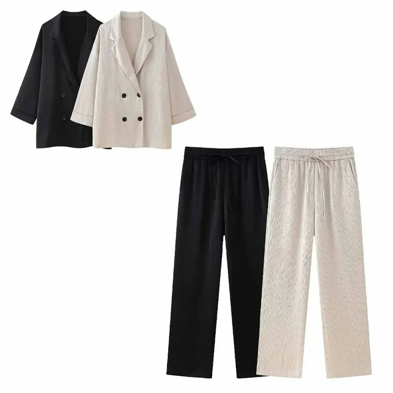 Women's Suit 2 Pieces 2024 New Fashion Crease Effect Double-breasted Suit Jacket Retro Blouse+elastic Waist Pants Suit
