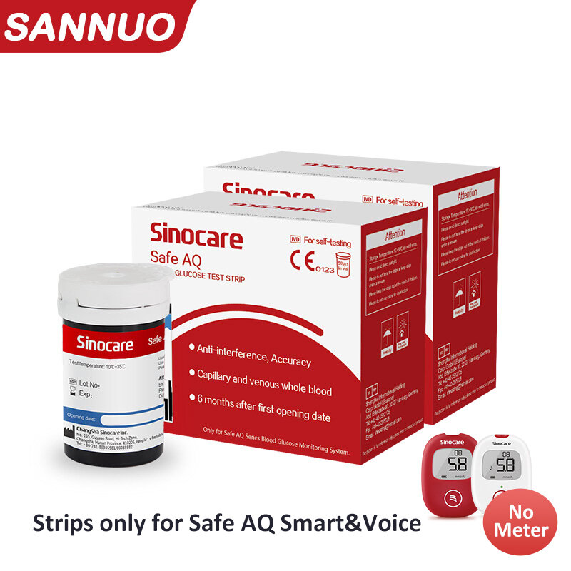 Sannuo Sinocare Safe AQ Smart ONLY Test Strips Free Lancets Needles (50/100/200/300/400) More strips more discounts