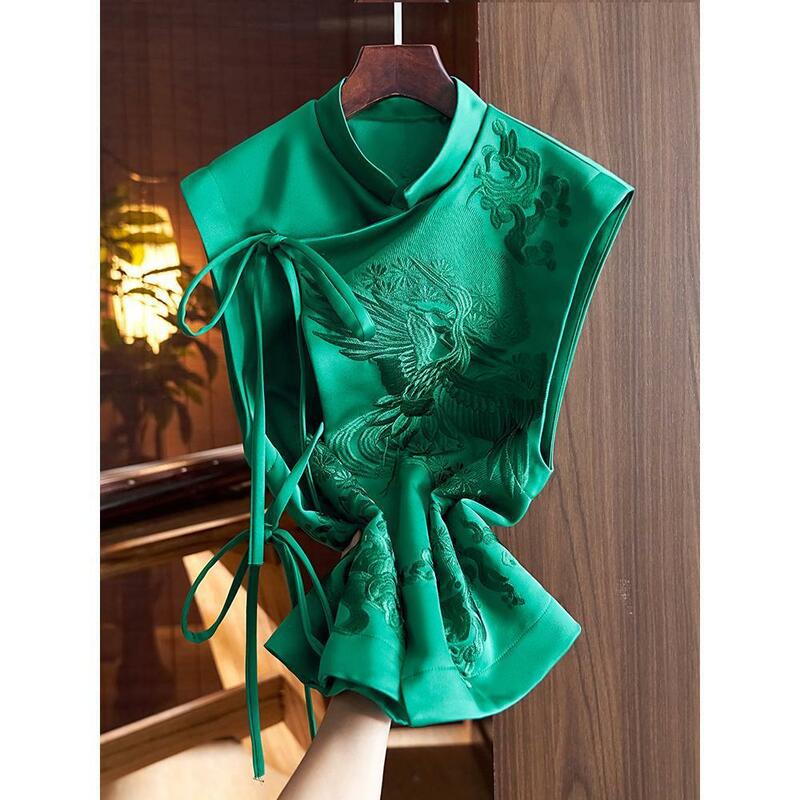 Chinese Style Top Women Tang Clothes Embroidery Phoenix Flower Qipao Lady Mandarin Collar Vest Vintage Clothing Casual Wear