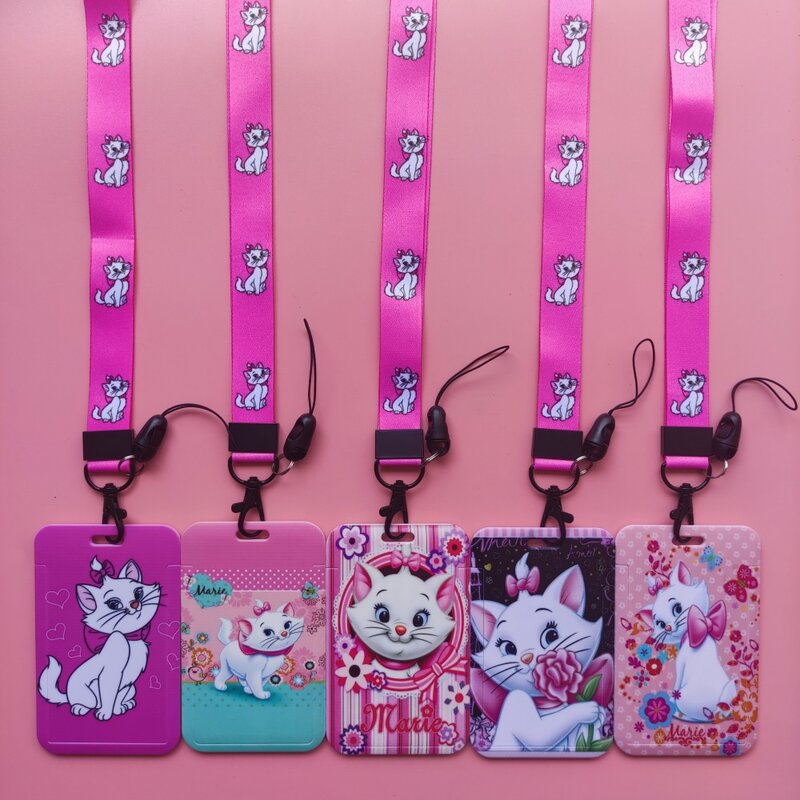 Disney Marie Cat Women ID Card Holder Lanyards The Aristocats Neck Strap Credit Card Case Girls Badge Holder Retractable Clip