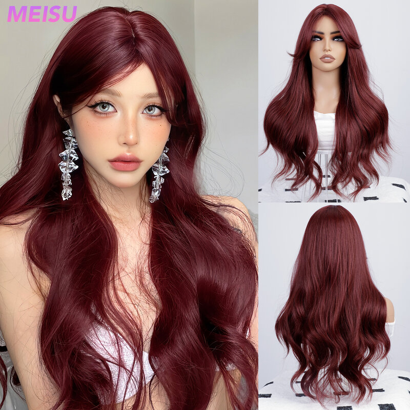Розово-красные вьющиеся Волнистые парики MEISU, отдельные челки, 26 дюймов, синтетические термостойкие волосы с глубокой волной, Натуральные Искусственные волосы или Селфи