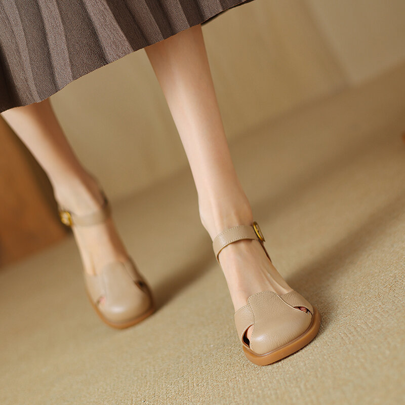 Rizabina รองเท้าแตะหนังแท้ผู้หญิง, รองเท้าส้นสูงหัวปิดหัวหัวเข็มโลหะรองเท้าส้นสูงรองเท้าฤดูร้อนลำลองทุกวันขนาด36-40
