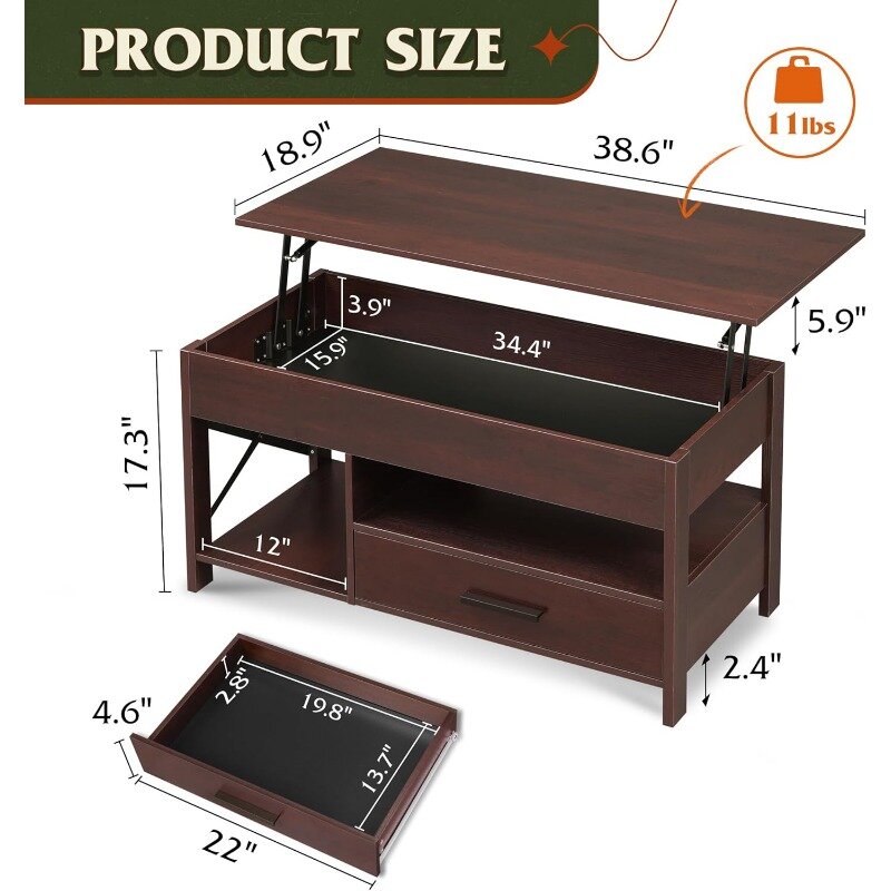 WLIVE-table basse relevable pour salon, table basse avec rangement, compartiment GNE et cadre métallique, table centrale