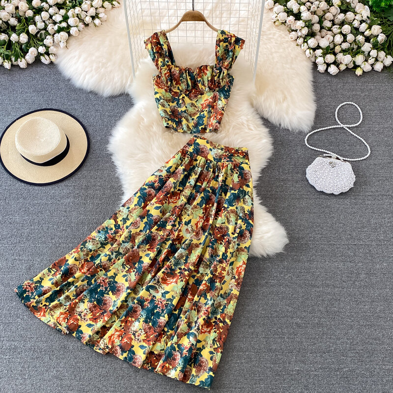 Conjunto de meia saia floral feminino, cintura alta, comprimento médio, top curto e leggings, moda para férias à beira-mar, 2 peças