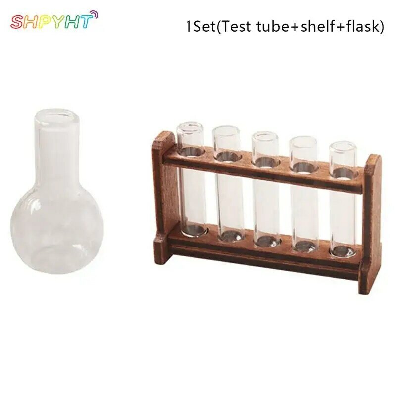 1Set 1:6 boneka rumah miniatur gelas ukur tabung tes dengan rak Model dekorasi laboratorium mainan boneka aksesoris rumah 5.1cm