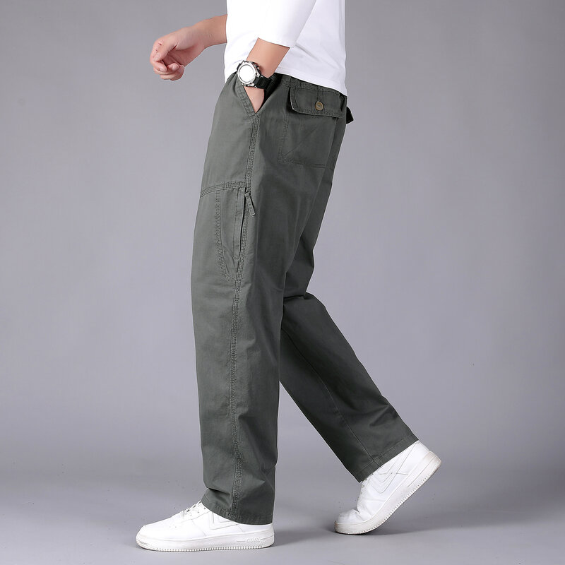 Calças de carga extragrandes masculinas, ajuste solto, bolsos com zíper, calças militares táticas, cordão, calças largas retas, plus size