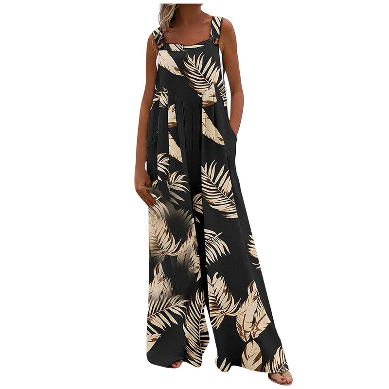Women'S Button Up Jumpsuits Casual Loose Sleeveless Flowy Wide Leg Floor Mopping Jumpsuits With Pockets Trend Printed Rompers
