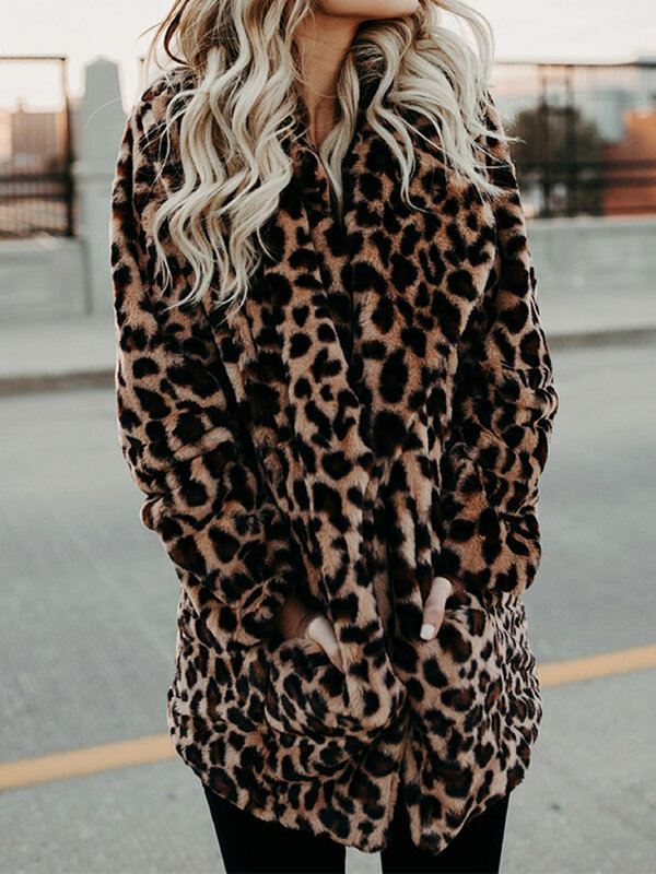 Casaco de pele sintética leopardo para mulheres, casaco longo de inverno, casaco de pelúcia feminino quente, outwear outono
