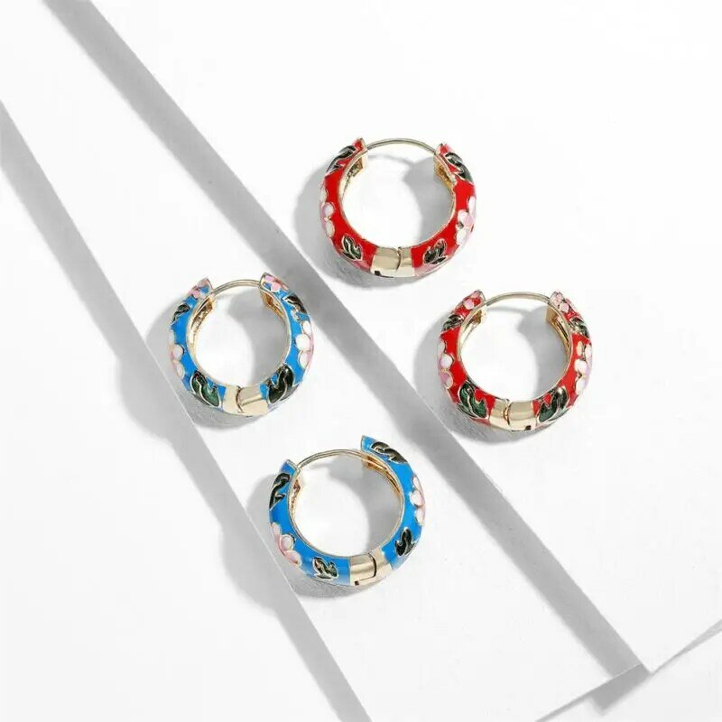 1~6PCS Boho Multicolor Enamel Flower Hoop Earrings for Women Vintage Drop Oil Gold Color Circle Round Earrings Statement Jewelry