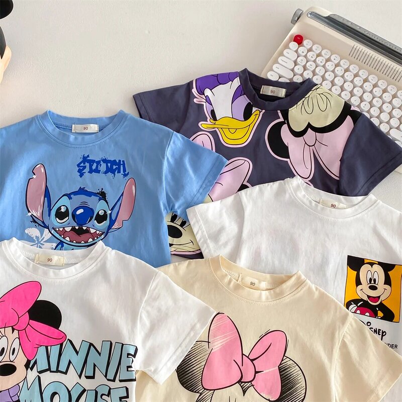 T-shirt à Manches Courtes et Col Ras du Cou pour Enfant, Vêtement d'Été Mignon, Dessin Animé Disney, Minnie, pour Fille et Garçon