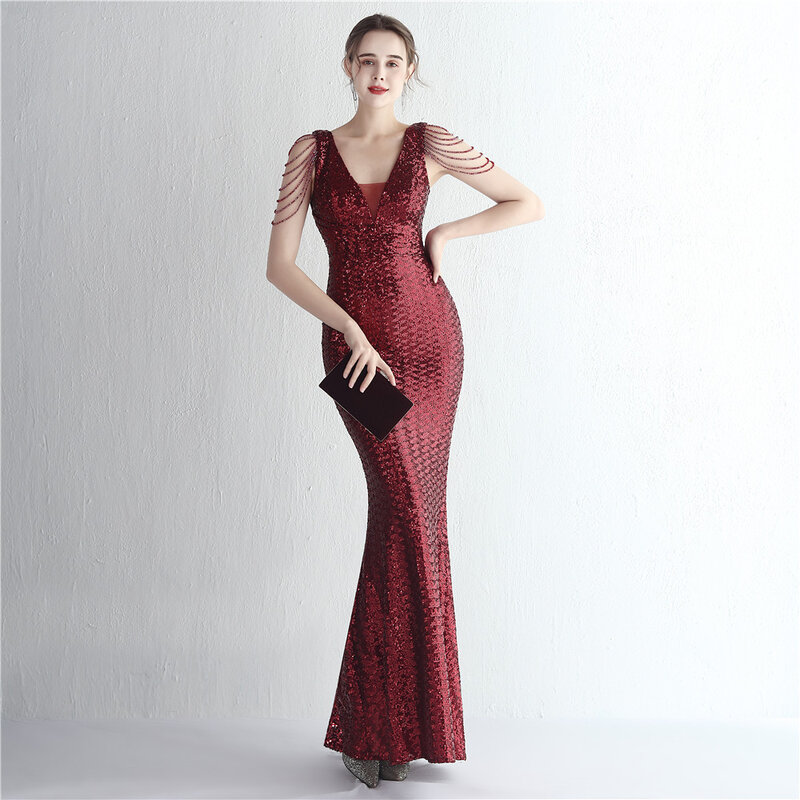 Luxury Mermaid Evening Dress Sparkling Sequins Beading Robe De Mariée Sexy V Neck Formal Long Pageant Guest Party Prom Gown