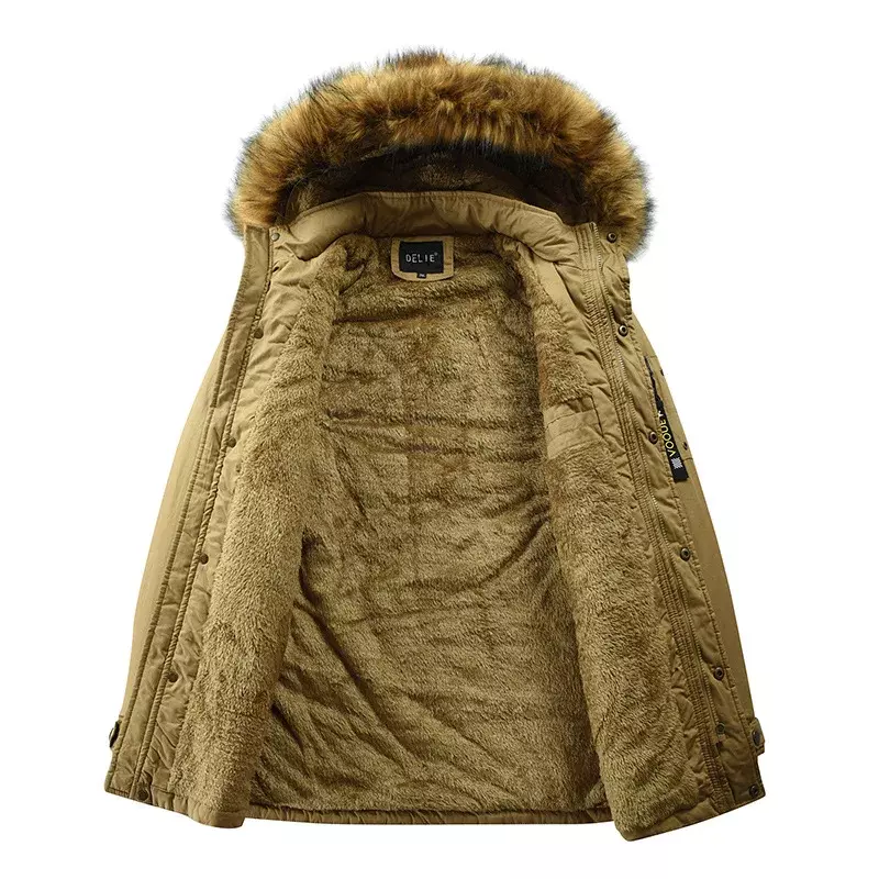 Men's Thicken Parka Fur Collar Hooded Long Sleeve Pockett Zipper Button Medium Length Solid Cotton Male Casual Winter Coat