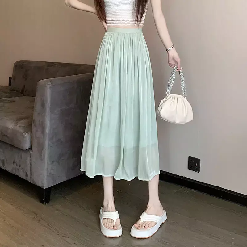 Женская свободная юбка средней длины, однотонная летняя модная Однотонная юбка с высокой талией, закрывающая живот, для отпуска, 2024