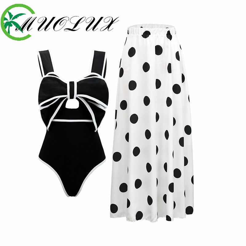 MUOLUX Bikini Set in bianco e nero colorblock costume intero donna costumi da bagno Slim Fit Open-back Bow Design Bikini Dot gonna