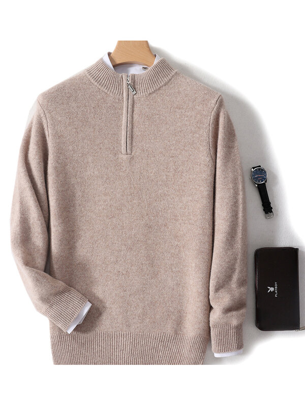 ADDONEE Men's Mock Neck Zipper Pullover Sweater Long Sleeve Smart Casual Jumper 100% Merino Wool Knitwear Thick Spring Autumn