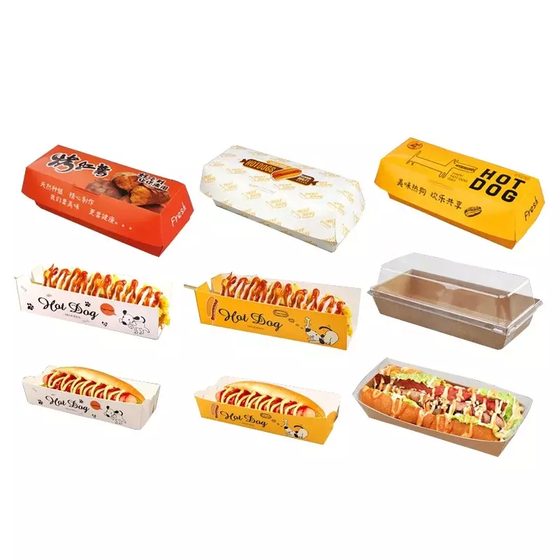 Kunden spezifische Produkte Einweg rechteckige Kraft box herausnehmen Käse Hot Dog Behälter anpassen Lebensmittel halter Tabletts Papier